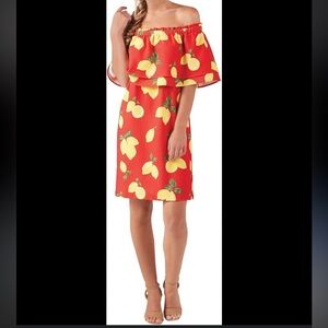 Mud Pie Red Lemon Print Off-Shoulder Dress Size S 4/6
